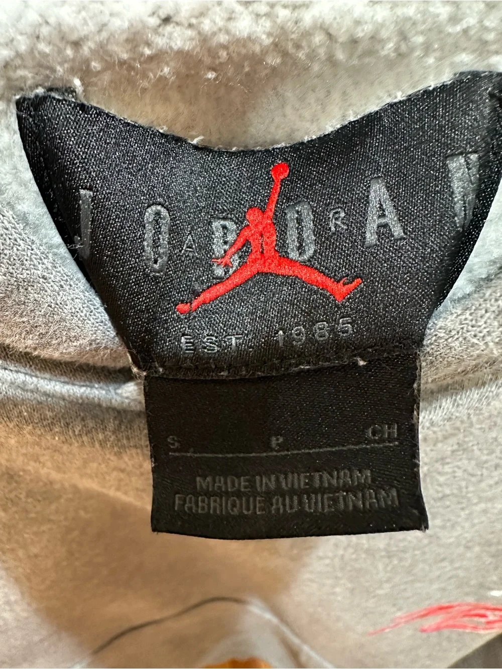 Jordan Men’s Gray Pullover Hoodie with Red Script Size S